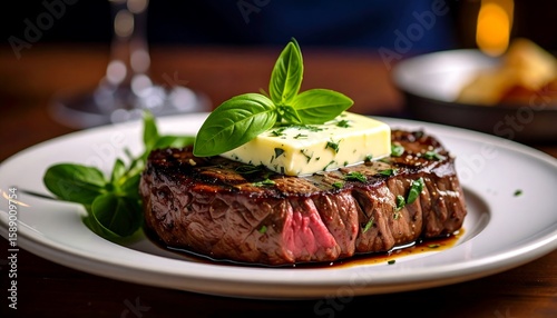 Grilled steak with butter and herbs