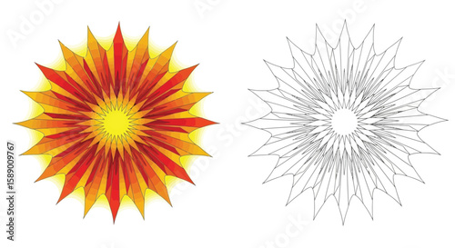 Uplifting Radiating Sunburst Mandala Coloring Page Vibrant Colored and Outline Art Variants