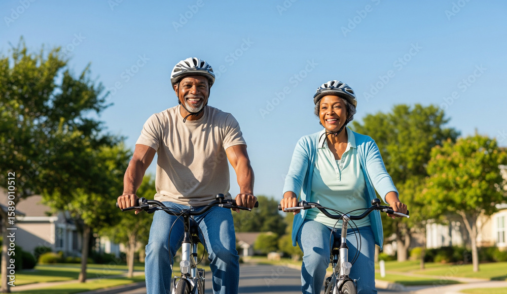custom made wallpaper toronto digitalRealistic photo of a smiling senior couple biking on a quiet suburban road in midday light. Clean, high-resolution image perfect for commercial and editorial use