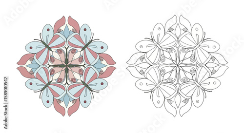 Serene Rounded Wing Butterfly Mandala Coloring Page Vibrant Colored and Outline Art Design