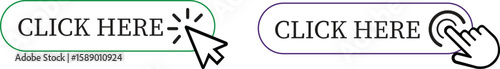 Click Here Button Icon set.Pointer Click button. Modern action button mouse click symbol. Computer mouse click cursor or Hand pointer symbol. Cursor arrow icon. Clicking finger. Vector illustration.