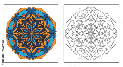 Modern Square Geometric Mandala Coloring Page with Realistic and Outline Digital Variants
