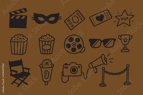 Collection of hand drawn movie icons including popcorn clapperboard tickets vip star and red carpet stanchion