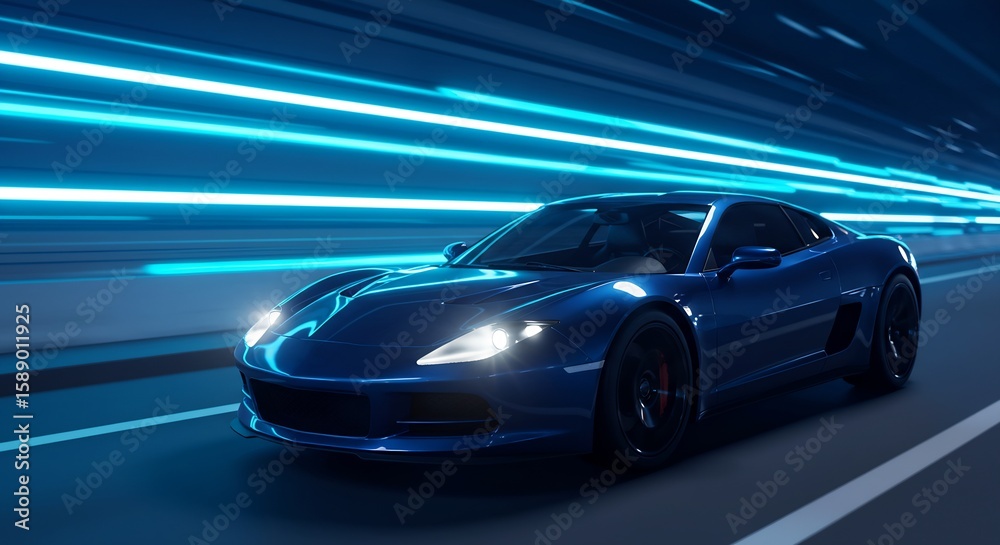 Obraz premium Futuristic Blue Sports Car Speeding Through Neon-Lit Tunnel at Night - High-Speed Driving Concept