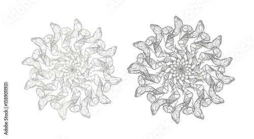 Dynamic Swirling Butterfly Mandala Coloring Page with Colored and Outline Artistic Pair