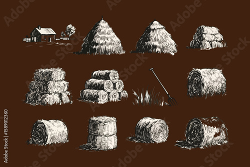 Vintage illustration of a farm scene with haystacks barn and pitchfork on a brown background