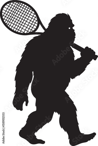 Bigfoot Sasquatch playing tennis with racket silhouette vector illustration