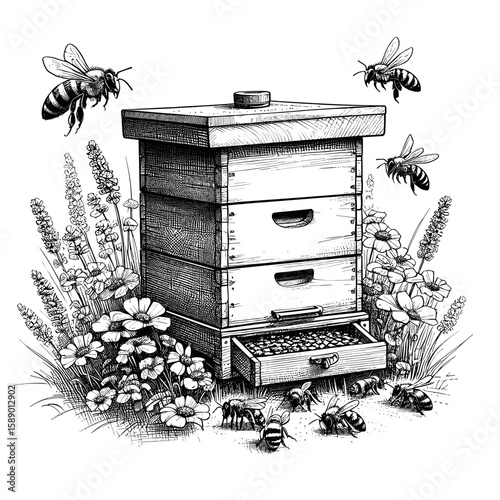 Beehive sketch in black and white representing beekeeping