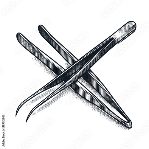 Two forceps crossed illustrated in black-and-white used for precision tasks
