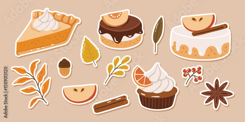 Autumn desserts elements doodle illustration, sweet cakes, collection, autumn cozy stickers