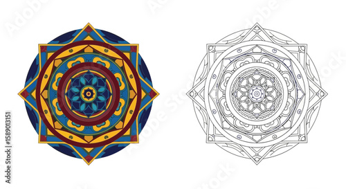 Sacred Tibetan Sand Mandala Coloring Page with Colored and Outline Spiritual Pair