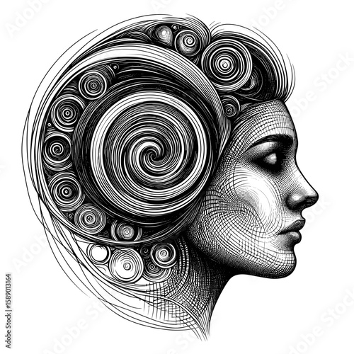Side profile woman gazing calmly against spiral pattern