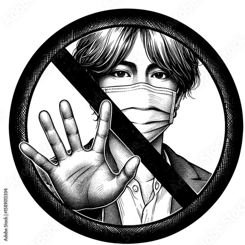 Person wearing mask showing hand stop sign