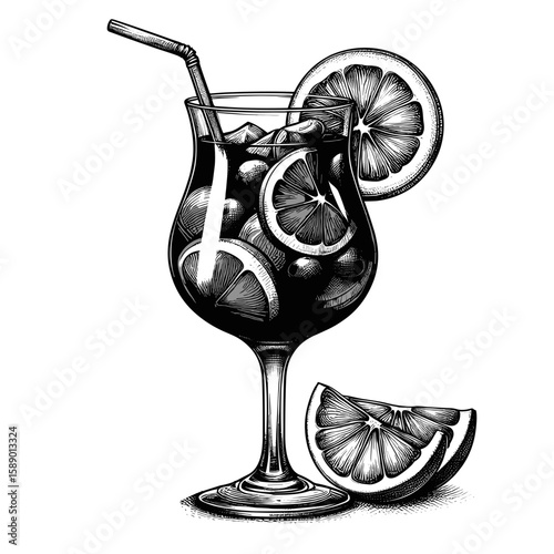 Cocktail drawing in sketch style in black and white, representing a refreshing drink