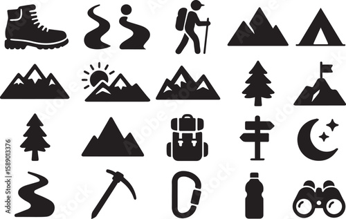 A collection of hiking and camping icons including mountains trees and hiking gear in black silhouette