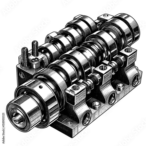 Mechanical drawing of crankshaft in black and white details technical engineering