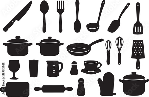 A collection of kitchen utensils and cookware shown in black silhouette on a light gray background