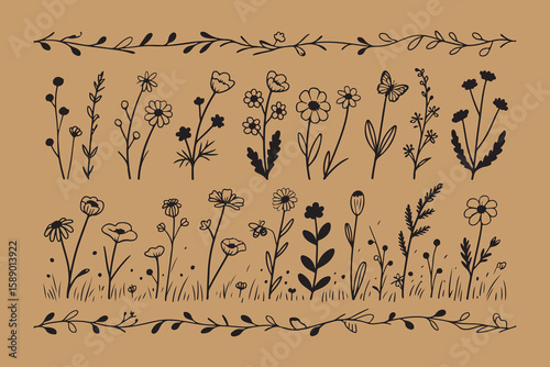Collection of hand drawn black outline wildflowers and botanical elements on a kraft paper background