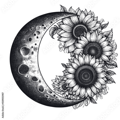 Floral moon illustration in black and white for tattoos