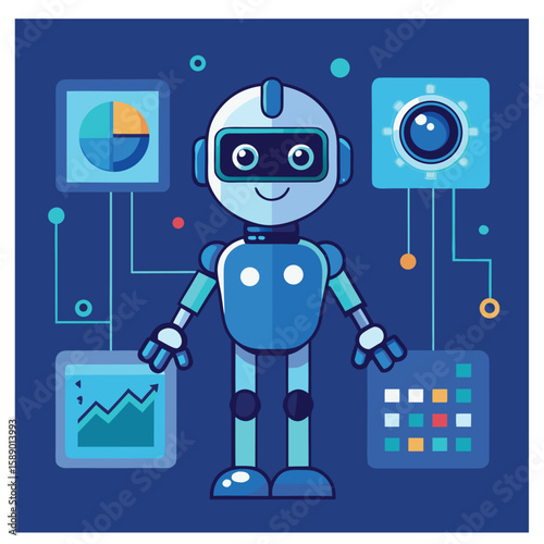 Friendly AI assistants, tech-themed, glowing eyes, digital UI elements.
