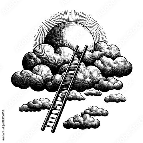 Ladder in clouds with sun in illustration style in black-white representing ascension