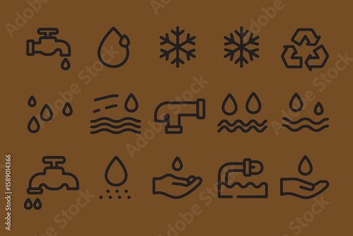 Collection of simple black line art icons representing water conservation recycling and weather elements on a brown background