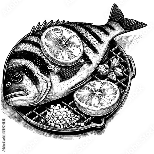 Grilled fish in black-and-white style representing food