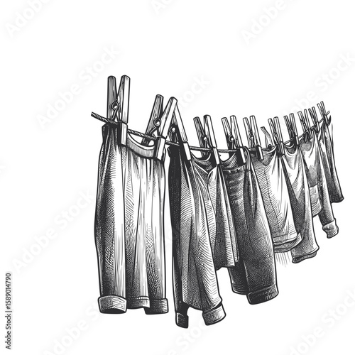 Clothesline with laundry in vintage style in black and white