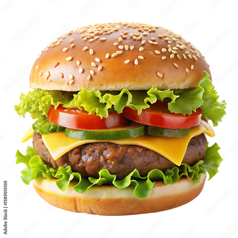 Juicy beef hamburger with melted cheese lettuce and tomato slices on a sesame seed bun isolated on a transparent background Juicy beef hamburger with melted cheese lettuce and tomato slices on a sesame seed bun isolated on a transparent background