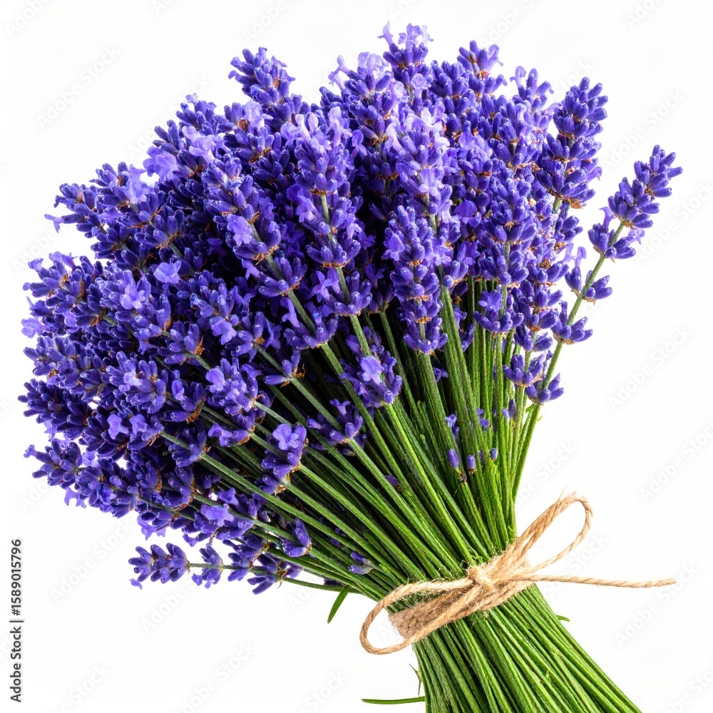 Fototapeta premium Close Up of Lavender Bouquet with Purple Blooms Green Stems and Brown Twine Against a White Backdrop