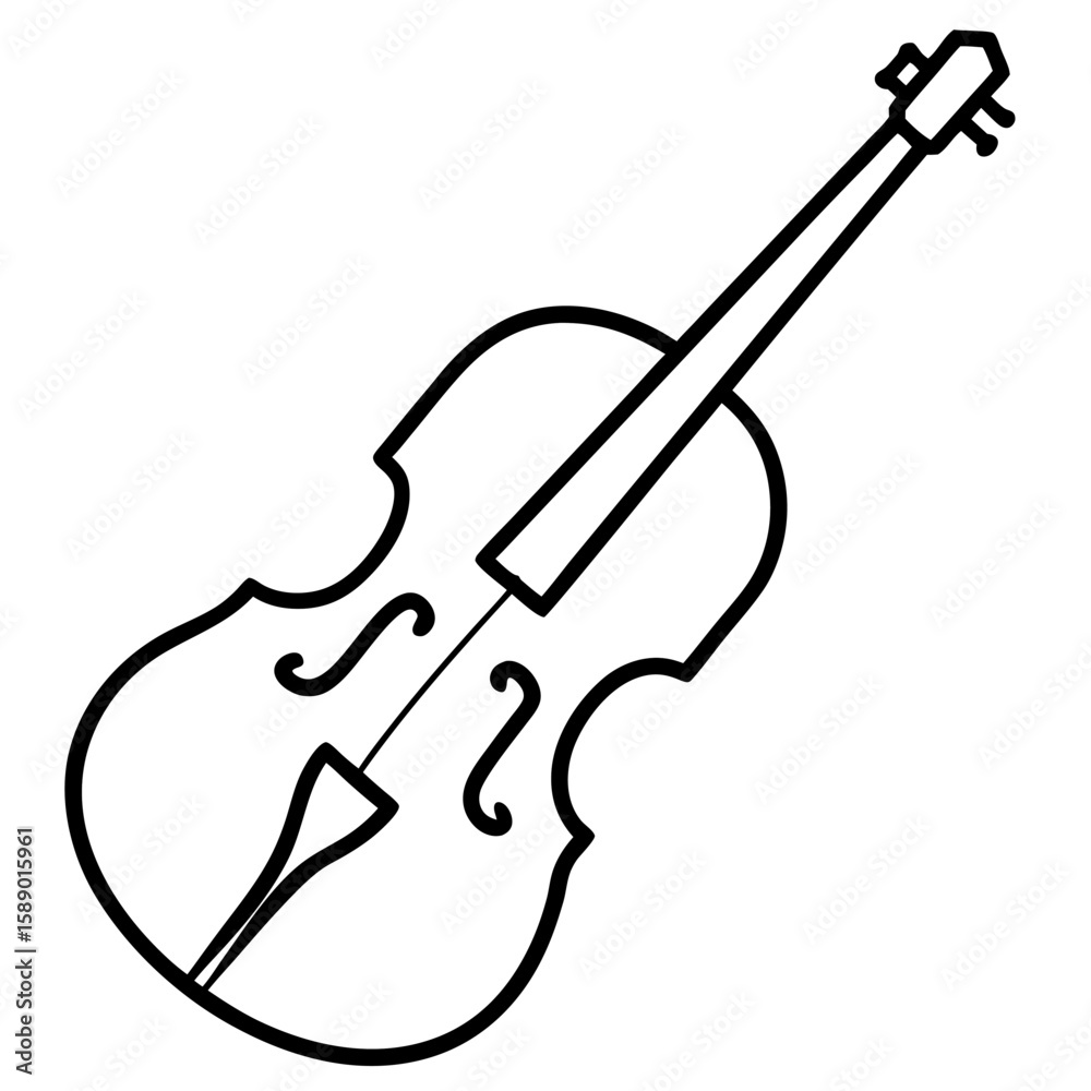 Obraz premium Elegant black line art of a violin with strings and bow isolated on white background