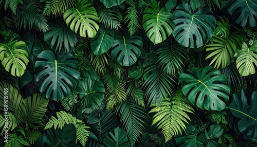 Close Up Of Lush Green Tropical Foliage And Monstera Leaves With Textured Background