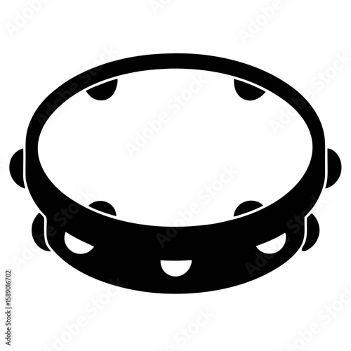 Simple black silhouette of a tambourine with a handle isolated on white background