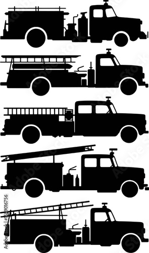 Vintage fire truck collection silhouette set with ladders and equipment vehicle emergency