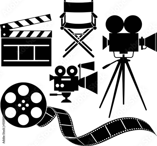 Vintage film making equipment collection with cameras and clapperboard movie cinema