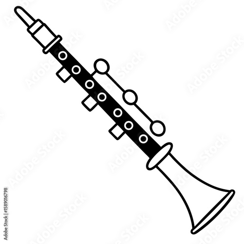 Detailed line art illustration of a clarinet with keys and mouthpiece isolated on white background