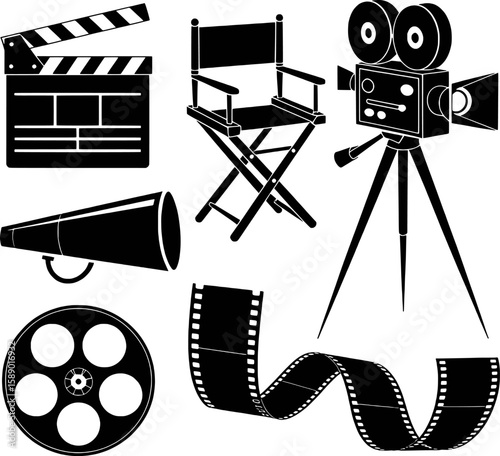 Vintage movie making equipment collection with camera and film reel cinema clapperboard