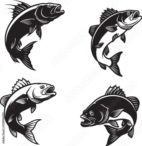 Largemouth bass perch walleye trout fish jumping silhouette vector illustration