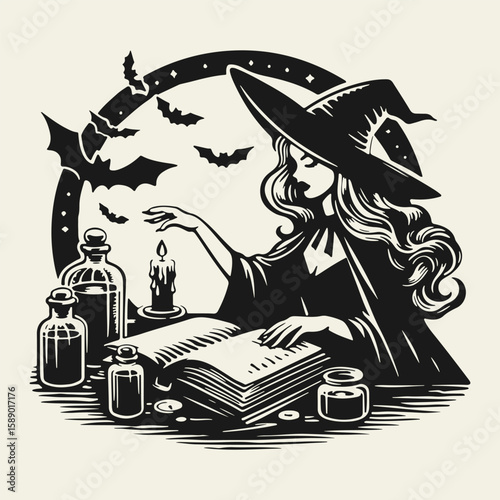 Black and white flat vector illustration of an elegant witch casting a spell over a candle. Mysterious Halloween design with magic and gothic atmosphere.