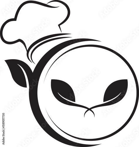 Concepto dieta vegana verde. Logo lineal con texto Vegan Restaurant con silueta de sombrero de chef y hoja de planta