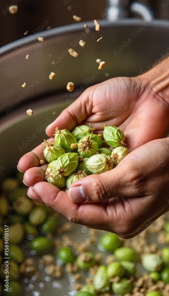 Fresh green olives in hands over a pot of brine with herbs Fresh green olives in hands over a pot of brine with herbs