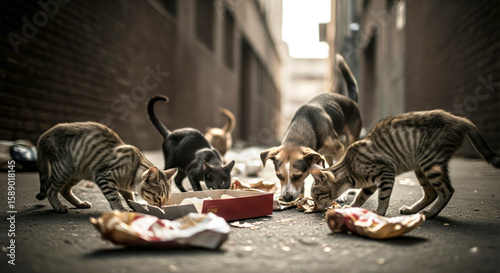 Stray cats and a dog scavenge fast food leftovers on urban ground, depicting a desperate struggle for resources.
