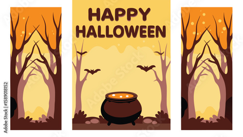 Happy halloween scene with cauldron, bats, and bare trees in a spooky forest landscape style design