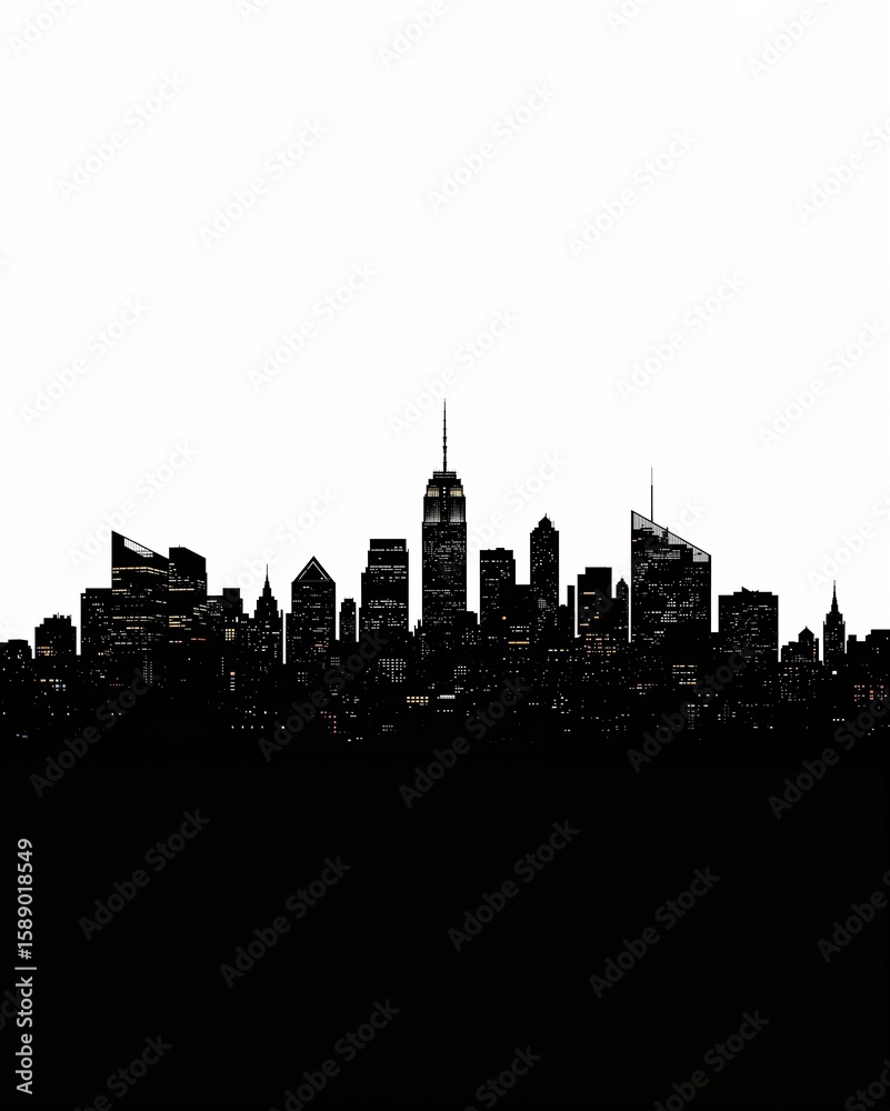 Naklejka premium City skyline silhouette with glowing windows on plain white background