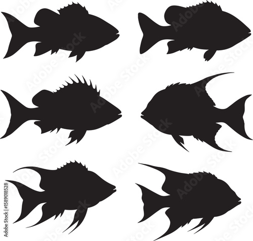 Marine tropical reef fish silhouettes vector illustration