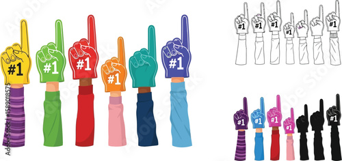 Foam fingers number one hands vector illustration for sports fans and team support design element set vector