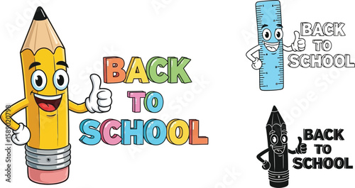 Back to school cartoon pencil ruler characters vector illustration education stationery school supplies vector
