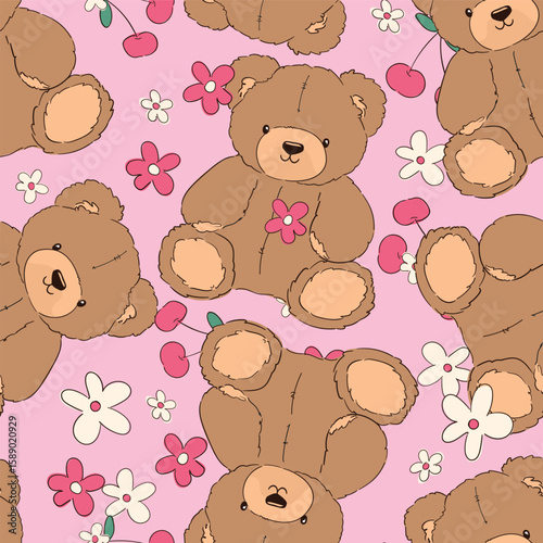 Cute Teddy Bear and cherry pattern seamless, vector illustration Hand Drawn Cute print design