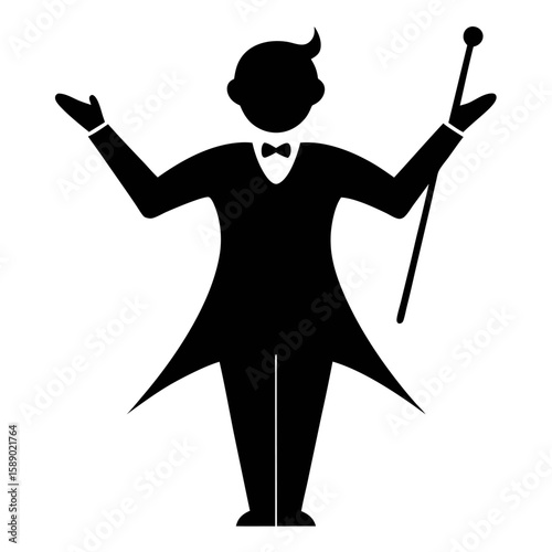Silhouette of a choir conductor gesturing with a baton isolated on white background