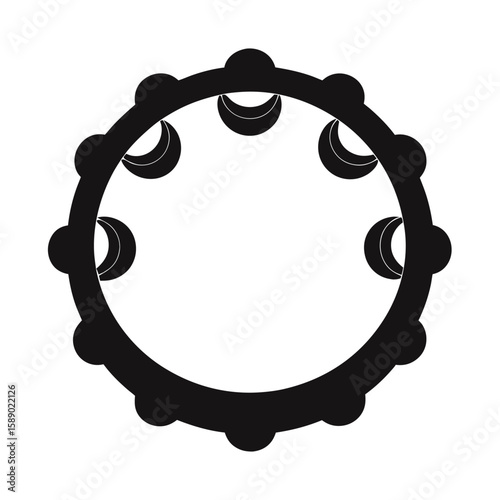 Black silhouette of a musical tambourine with jingling discs isolated on white background